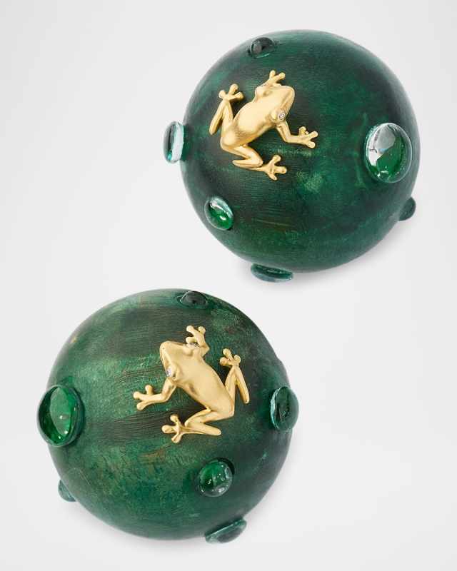 Round Green Stabilized Wood Earrings with 18K Yellow Gold Frogs and Diamonds